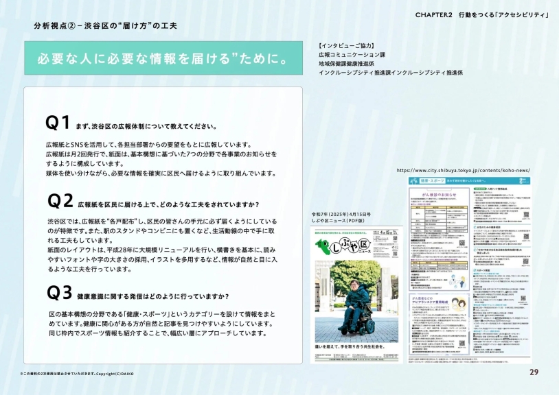 渋谷区の広報活動に関する記事が掲載された広報誌の画像。広報紙の配布方法やレイアウトの工夫、健康意識に関する情報発信について触れられている。