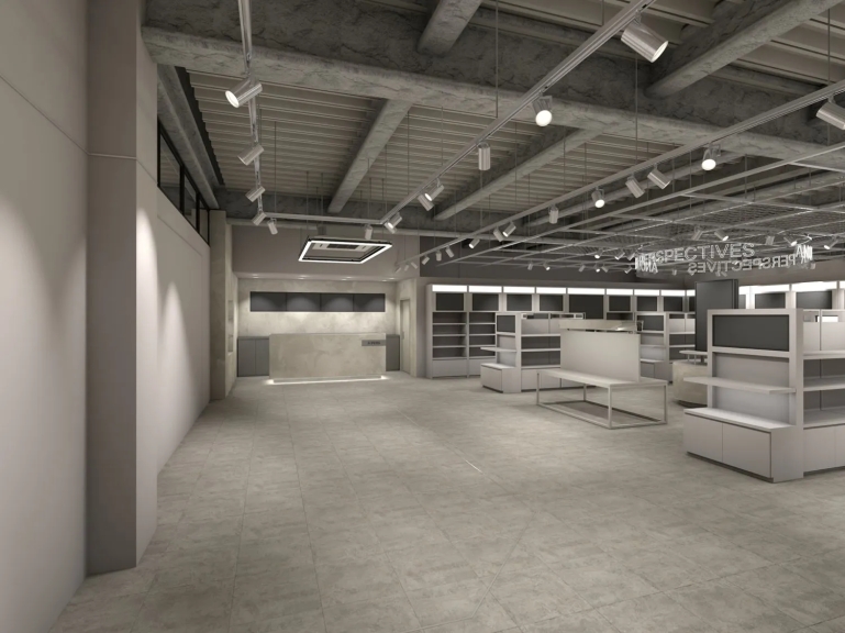 内装のレンダリング画像。広々とした店内には、商品棚、照明、レジカウンターが配置されている。天井はコンクリート打ちっぱなしで、スタイリッシュな印象を与えている。