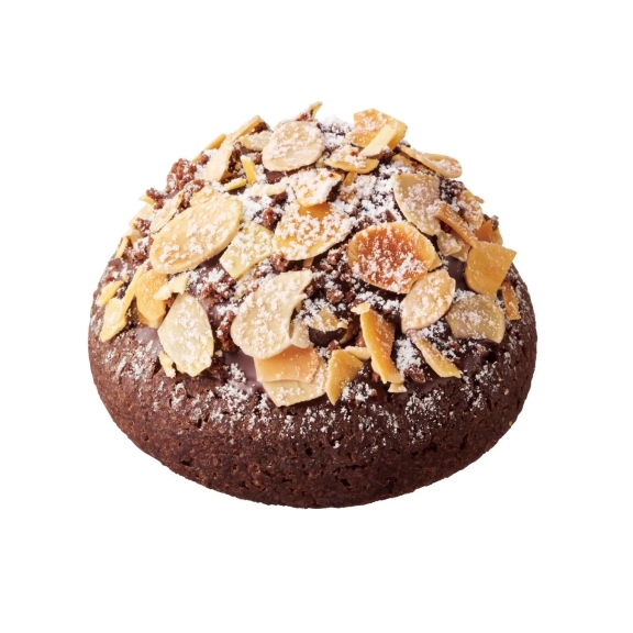 アーモンドスライスがトッピングされたチョコレートケーキのクローズアップ写真。