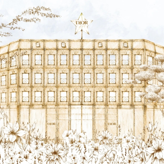 ディオールのブティックらしき建物をセピア調のスケッチで描いたイラストです。建物の屋上には星形のロゴがあり、手前には繊細な花々が咲き誇る、エレガントで芸術的な雰囲気の作品です。