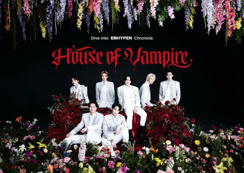 ENHYPENのメンバーが、花と暗い背景の中でポーズをとっている画像。タイトルは「House of Vampire」で、メンバーは白い衣装を着ている。