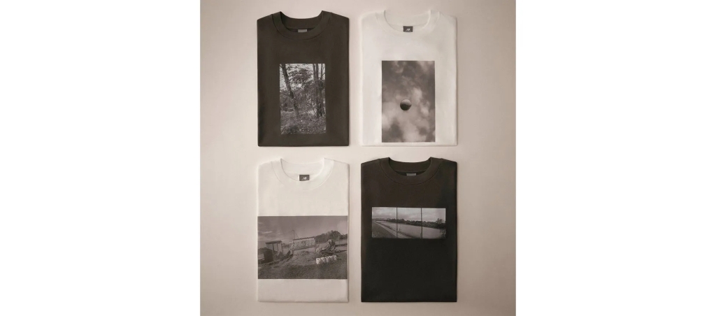 4枚のTシャツが並べられた写真です。それぞれのTシャツには、白黒の写真がプリントされています。上段左は森の写真、上段右は雲と球体の写真、下段左は建物と人の写真、下段右は川沿いの道の写真です。