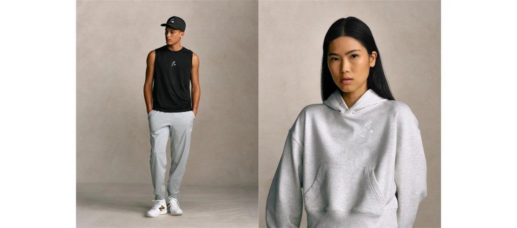 男性と女性がスポーツウェアを着ている写真です。男性は黒いノースリーブシャツとグレーのパンツ、帽子、スニーカーを履いています。女性はグレーのパーカーを着ています。