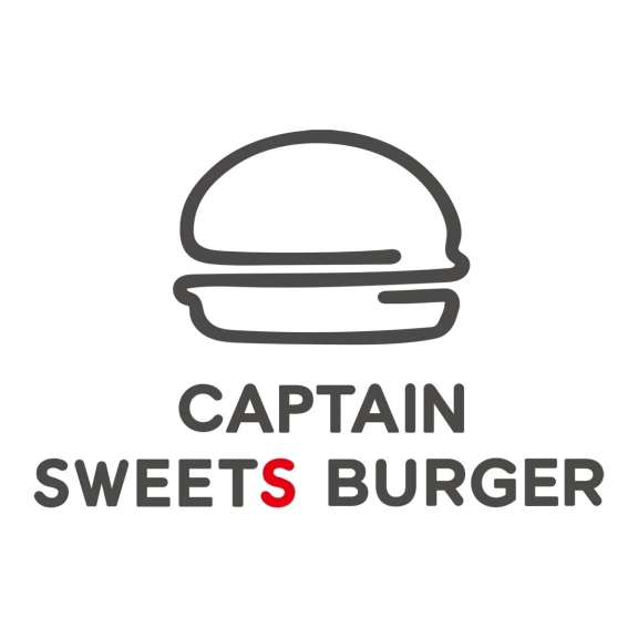 ハンバーガーのロゴ。上部にハンバーガーのイラストがあり、下に「CAPTAIN SWEETS BURGER」と書かれています。