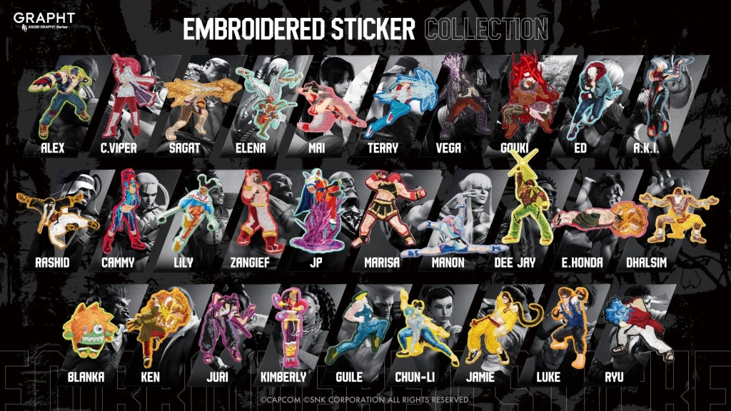 カプコンとSNKの格闘ゲームキャラクターをモチーフにした、ASOBI GRAPHT Seriesの刺繍ステッカーコレクション。