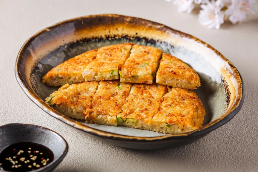 お皿に盛られた韓国風お好み焼き、チヂミ。