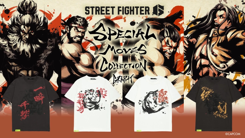 ストリートファイターの必殺技をテーマにしたTシャツが並んでいます。