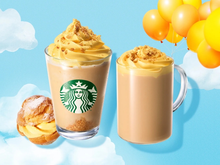 スターバックスのフラペチーノとホットドリンク、シュークリーム、バルーンのイラスト。