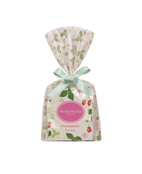 いちごのティーバッグが包装されたギフトセットの画像です。透明な包装紙で包まれ、ミントグリーンのリボンで結ばれています。包装紙にはイチゴと葉の模様が施されています。