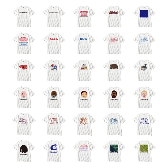 白地のTシャツに様々なデザインがプリントされた画像